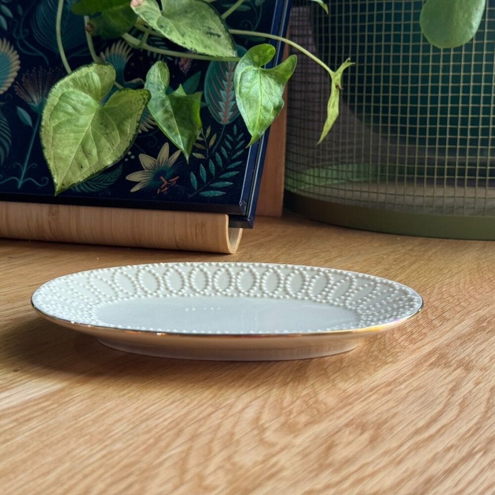 Lenox Trinket/Soap Dish Beaded Lace Trim, Ivory with Gold Tone Accent